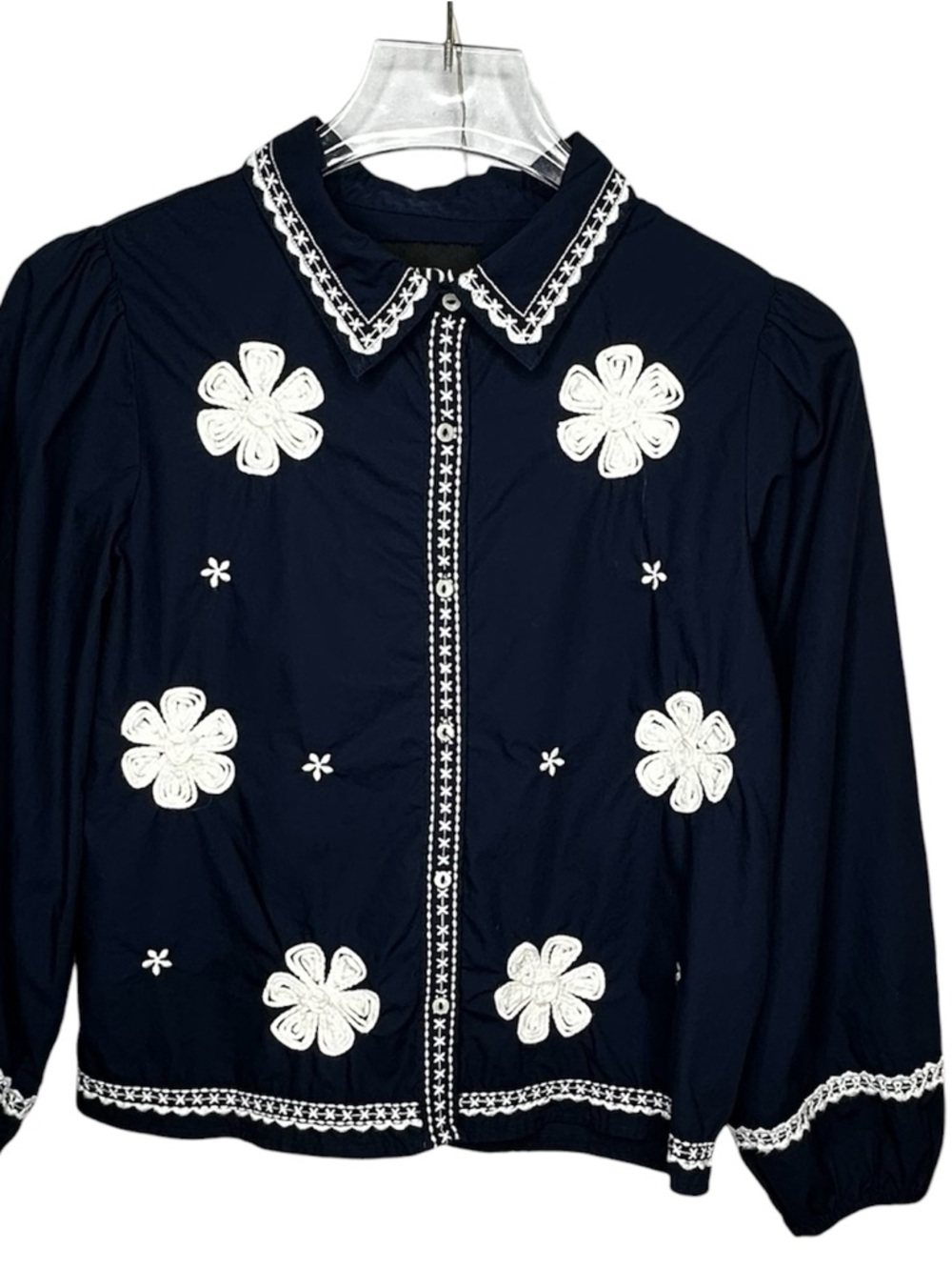 NW/OT Zara Girls Navy Button-Down Blouse with White Floral Embroidery Size 11-12